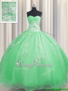 Dynamic Floor Length Lace Up Quinceanera Dress Spring Green and In forMilitary Ball and Sweet 16 and Quinceanera withBeading and Appliques