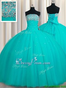 Cute Aqua Blue Ball Gowns Beading and Sequins 15th Birthday Dress Lace Up Tulle Sleeveless Floor Length