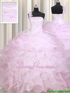 Ball Gowns Quinceanera Gown Baby Pink One Shoulder Organza Sleeveless Floor Length Zipper