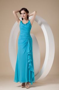 Ruched and Beaded Teal Quinceanera Dama Dress of Ankle Length