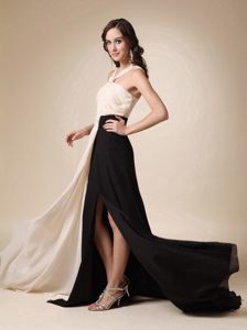 Champagne and Black V-neck Prom Evening Dress with Brush Train