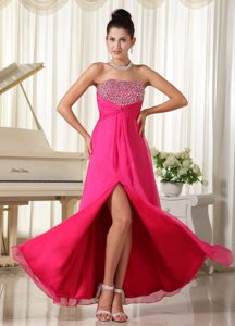 Rental Side Zipper Rhinestones Slitted Hot Pink Dress for Prom