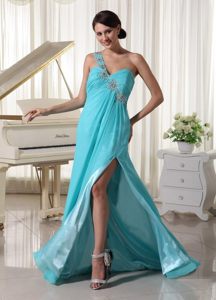 Low Price Beaded one Shoulder Slitted Turquoise Prom Dress