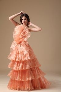 Unique Orange Red Ruffled Layers Flower Brush Train Prom Dress