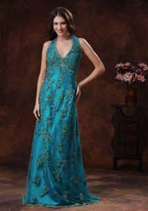Hot Sale Brush Train Halter Top Appliqued Turquoise Prom Dress