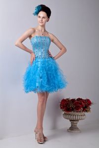 Ruffled Organza Strapless Beading Mini-length Baby Blue Prom Dress