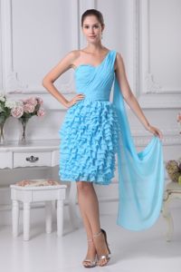 Ruched and Ruffled Aqua Blue Dresses for Prom Princess One Shoulder