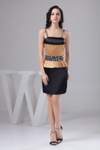Ruched Black and Gold Prom Cocktail Dress with Spaghetti Straps