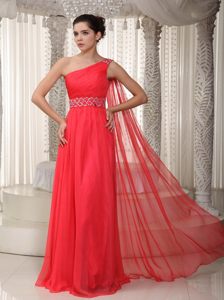 Cheap Red One Shoulder Prom Evening Dress Chiffon Watteau Train
