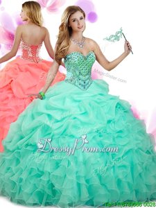 Glittering Apple Green Organza Lace Up Sweetheart Sleeveless Floor Length Quince Ball Gowns Beading and Ruffles and Pick Ups