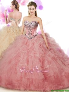 Romantic Sleeveless Floor Length Beading and Ruffles Lace Up Ball Gown Prom Dress with Peach