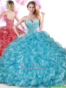 Custom Design Aqua Blue Sweet 16 Quinceanera Dress Military Ball and Sweet 16 and Quinceanera and For withBeading and Ruffled Layers Sweetheart Sleeveless Lace Up