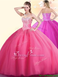 Low Price Floor Length Hot Pink Quince Ball Gowns Tulle Sleeveless Spring and Summer and Fall and Winter Beading