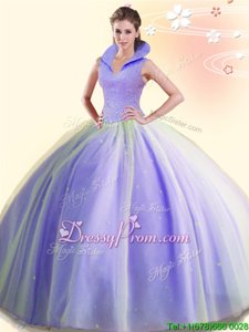 Deluxe Lavender Sleeveless Tulle Backless Quinceanera Gown forMilitary Ball and Sweet 16 and Quinceanera