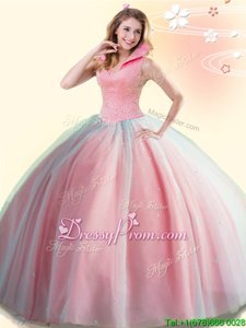 Modest Watermelon Red Sweet 16 Dress Military Ball and Sweet 16 and Quinceanera and For withBeading High-neck Sleeveless Backless