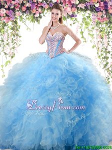Sweet Baby Blue Ball Gowns Sweetheart Sleeveless Tulle Floor Length Lace Up Beading and Ruffles Quinceanera Dress