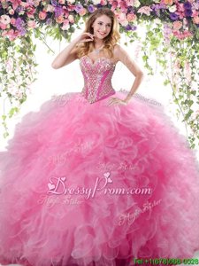 Clearance Rose Pink Ball Gowns Sweetheart Sleeveless Tulle Floor Length Lace Up Beading and Ruffles Quinceanera Dresses