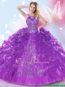 Exquisite Purple Halter Top Neckline Appliques and Ruffled Layers Sweet 16 Dress Sleeveless Lace Up