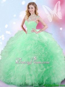 Enchanting Spring Green Zipper Vestidos de Quinceanera Beading and Ruffles and Sequins Sleeveless Floor Length