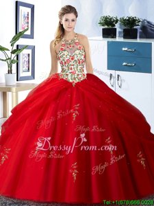 Custom Made Red Sleeveless Floor Length Embroidery and Pick Ups Lace Up Quinceanera Gown
