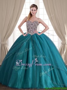 Dramatic With Train Teal Quinceanera Dresses Sweetheart Sleeveless Brush Train Lace Up