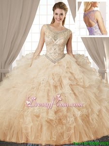 Extravagant Ball Gowns 15th Birthday Dress Champagne Scoop Tulle Sleeveless Floor Length Lace Up