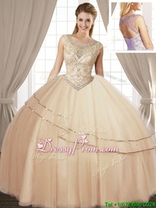 Champagne Lace Up Scoop Beading 15 Quinceanera Dress Tulle Sleeveless
