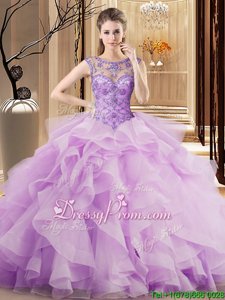 Discount Lilac Ball Gowns Beading and Ruffles Quinceanera Gowns Lace Up Tulle Sleeveless
