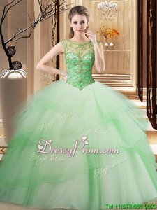 Custom Fit Scoop Sleeveless Brush Train Lace Up Quinceanera Gowns Apple Green Tulle