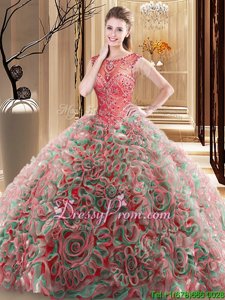Super Scoop Sleeveless Quinceanera Dresses Brush Train Beading Red Fabric With Rolling Flowers