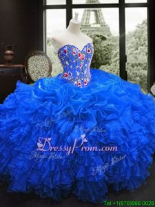 Trendy Sweetheart Sleeveless Lace Up Ball Gown Prom Dress Royal Blue Organza