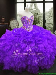Edgy Floor Length Purple Vestidos de Quinceanera Organza Sleeveless Spring and Summer and Fall and Winter Embroidery and Ruffles