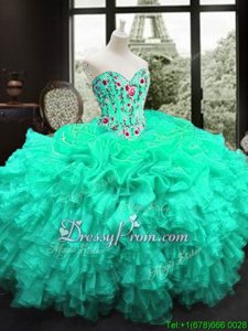 Turquoise 15th Birthday Dress Military Ball and Sweet 16 and Quinceanera and For withEmbroidery and Ruffles Sweetheart Sleeveless Lace Up