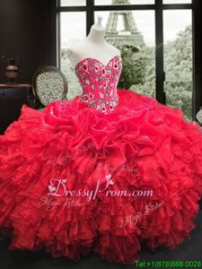 Custom Design Red Lace Up Quinceanera Dress Embroidery and Ruffles Sleeveless Floor Length