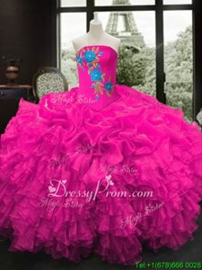Artistic Organza Strapless Sleeveless Lace Up Embroidery and Ruffles Quinceanera Dress inFuchsia