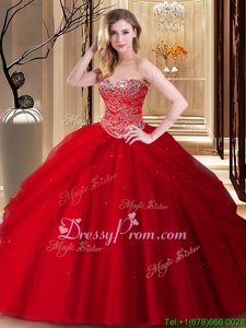 Flirting Red Sleeveless Tulle Lace Up Quinceanera Dresses forMilitary Ball and Sweet 16 and Quinceanera