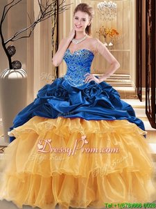 Sleeveless Floor Length Beading and Ruffles Lace Up Quince Ball Gowns with Navy Blue and Gold