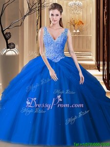 Royal Blue V-neck Neckline Appliques and Pick Ups Sweet 16 Quinceanera Dress Sleeveless Backless
