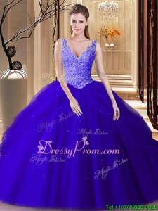 Glittering Navy Blue Backless V-neck Appliques and Pick Ups Quince Ball Gowns Tulle Sleeveless