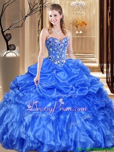 Enchanting Floor Length Royal Blue Ball Gown Prom Dress Organza Sleeveless Spring and Summer and Fall and Winter Lace and Appliques