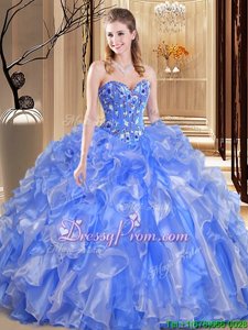 Enchanting Aqua Blue Ball Gowns Sweetheart Sleeveless Organza Floor Length Lace Up Beading and Ruffles Quinceanera Gowns
