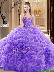 Noble Lavender Lace Up Quinceanera Gown Beading and Ruffles Sleeveless Floor Length