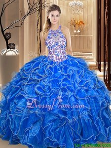 Stylish Royal Blue Scoop Backless Embroidery and Ruffles Quinceanera Gowns Sleeveless