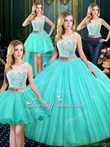 Flare Blue Tulle and Sequined Lace Up Sweet 16 Quinceanera Dress Sleeveless Floor Length Lace and Sequins