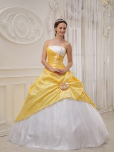 San Ramon CA Beaded White and Yellow Sweet 15 Dresses with Flower