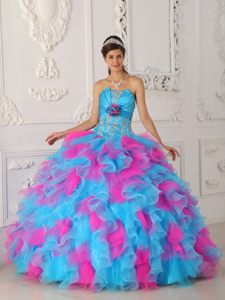 Appliqued and Ruffled Quinceanera Gown in Aqua Blue and Hot Pink
