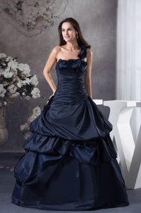 Ruffled One Shoulder Taffeta Quinceanera Gown Dresses in Navy Blue