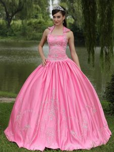 Halter Taffeta Beaded Quinceanera Gown in Rose Pink Lace-up Back