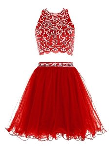 Extravagant Scoop Sleeveless Chiffon Mini Length Clasp Handle Prom Party Dress in Red for with Beading