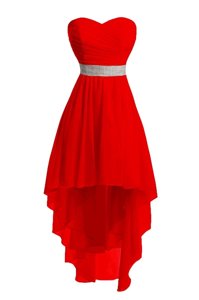 Hot Selling Red Lace Up Sweetheart Belt Prom Dress Organza Sleeveless